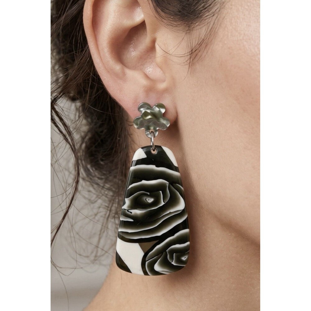 Handmade Black White Rose Polymer Clay Dangle Statement Earrings